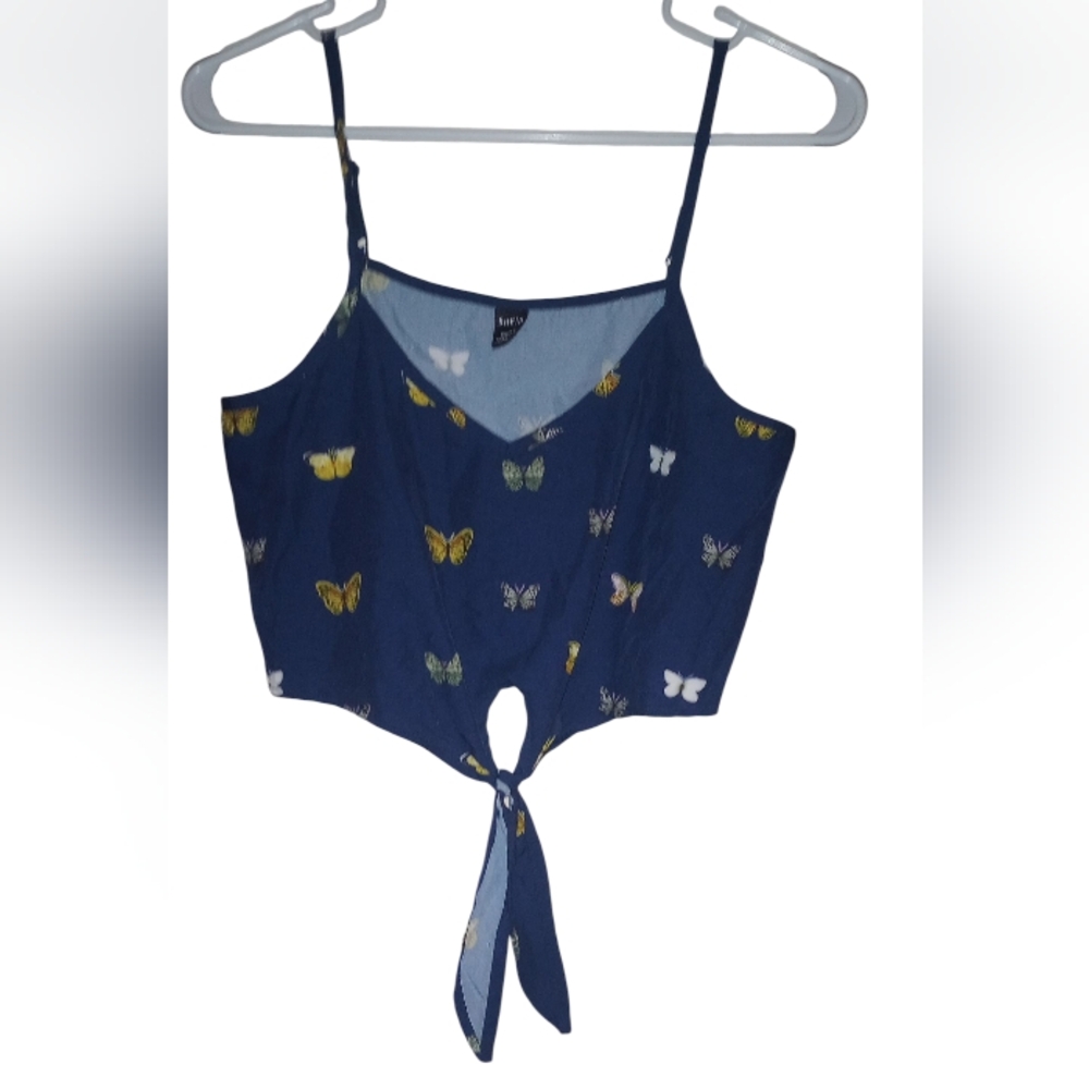 Blue Butterfly Print Tie-Front Tank